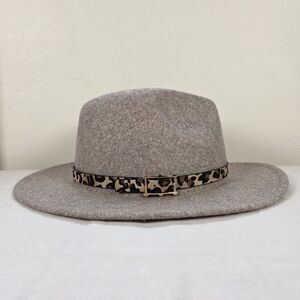 Taupe Wide Brim Fedora Hat Leopard Band Wool Blend